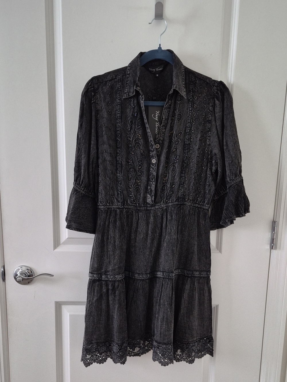 Young Threads charcoal embroidered tiered mini dress